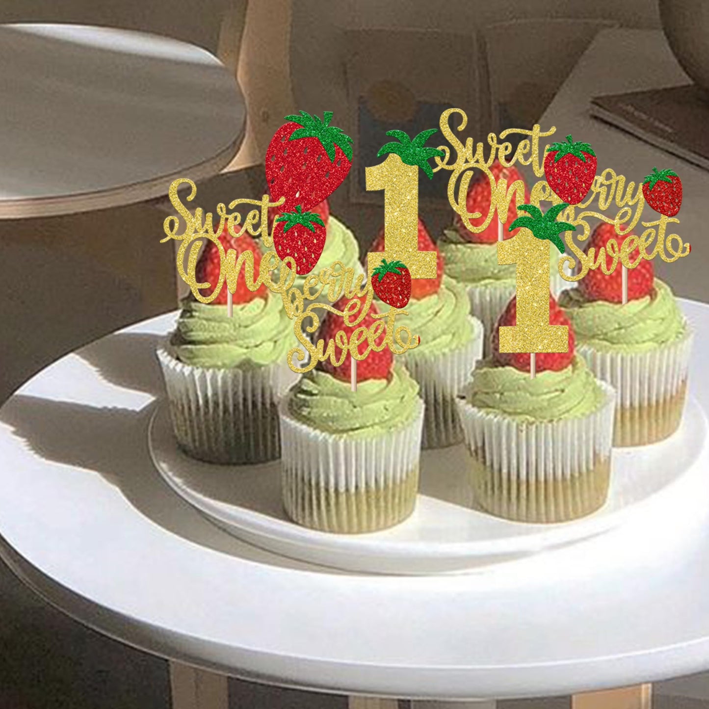 YCTHUNFISH Cupcake Toppers 24 Pack Glitter First Birthday Strawberry Picks Gold Paper Decorations