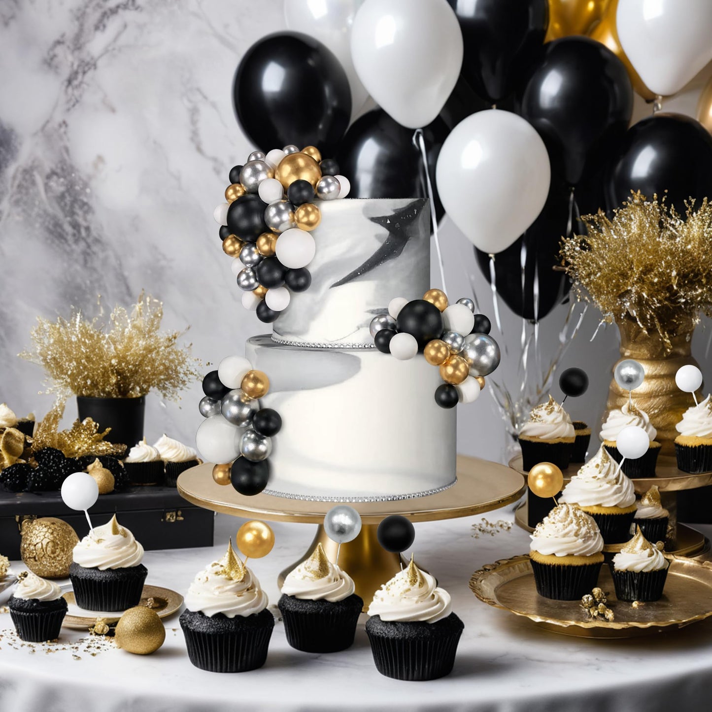 66 Pcs Ball Cake Picks Black Silver White Gold 4 Sizes For Diy Baking Decoration Cupcake Toppers And Wedding Anniversary Birthda