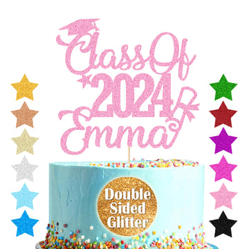 Personalized Cake Topper Custom Congrats Graduation Hat Student Class Of 2024 Double Sided Glitter Card Baby Pink