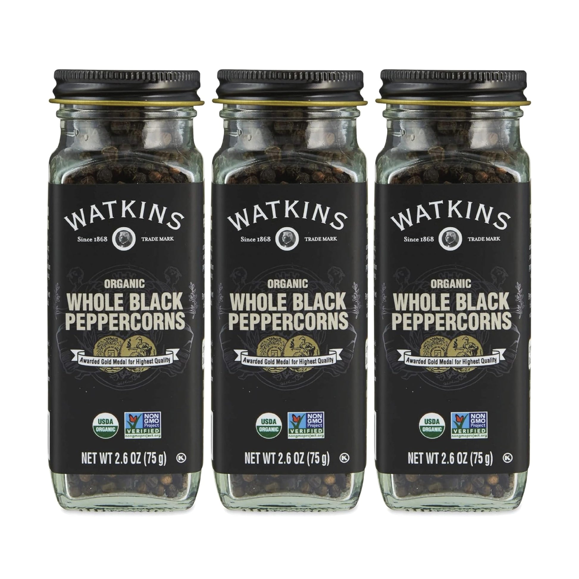 Watkins Gourmet Organic Spice Jar, Whole Black Peppercorns, 2.6 oz. Bottle, 3-Pack