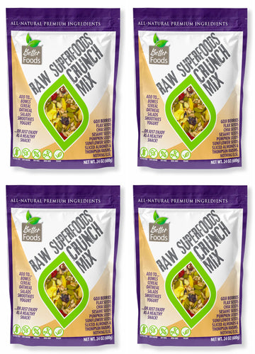 Betterfoods Raw Superfoods Crunch Mix | Premium Pumpkin, Sunflower, Flax, Chia, Sesame Seeds, Almonds, Goji Berries & Raisins Blend | 6G Protein, Vegan, Non-Gmo, No Gluten/Salt/Soy | 24Oz, Pack Of 4