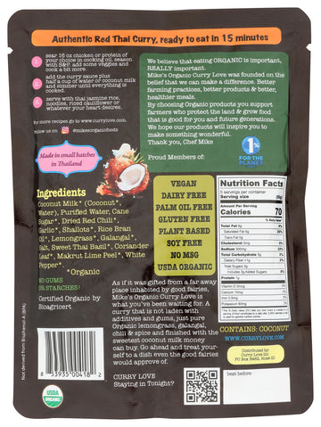 Red Thai Curry Sauce ORGANIC. VEGAN. DAIRY FREE. FOR A QUICK AND EASY MEAL. | 1 x 8.8 oz pouch