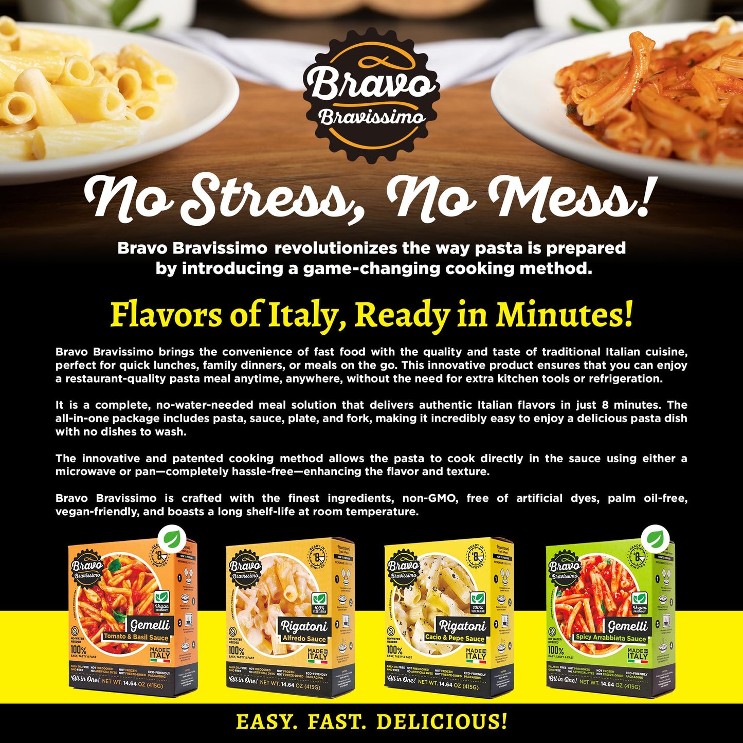 Bravo Bravissimo Italian Pasta Meal Variety Pack – Gourmet, Vegetarian & Vegan-Friendly, Microwaveable, Shelf-Stable, Ready In Minutes, No Refrigeration Needed – 6 Pack