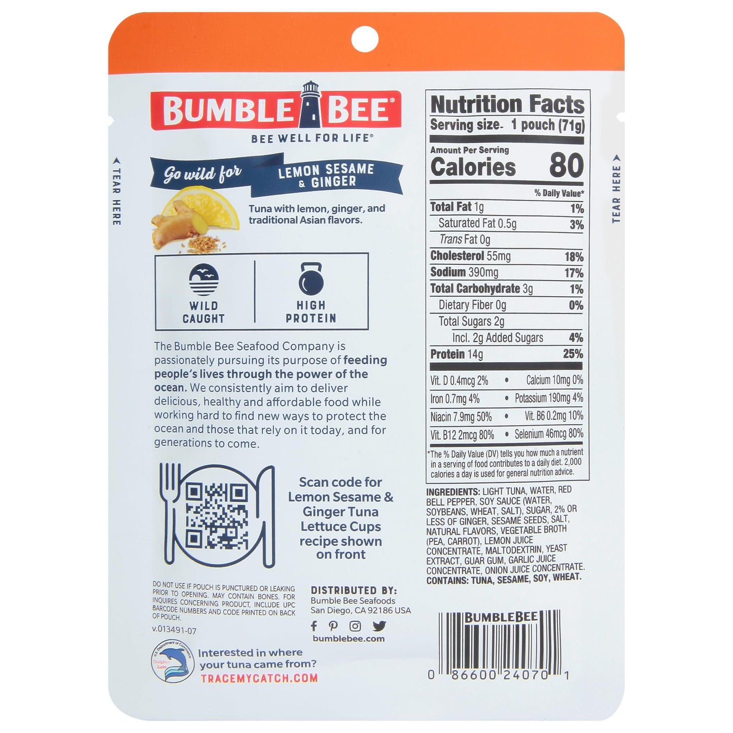 Bumble Bee Lemon Sesame & Ginger Seasoned Tuna, 2.5 Oz Pouch - Ready To Eat - Wild Caught Tuna Packet - 14G Protein Per Serving
