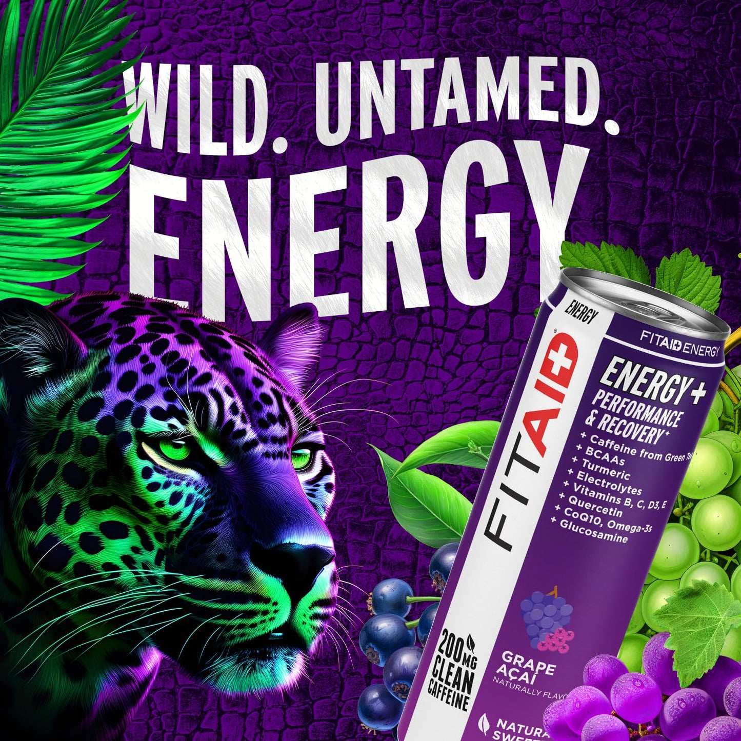 LIFEAID FITAID Energy Drink, G AÇAI, 200mg Caffeine, Keto, 12 Fl Oz, Pack of 12, Vegan & Gluten-Free
