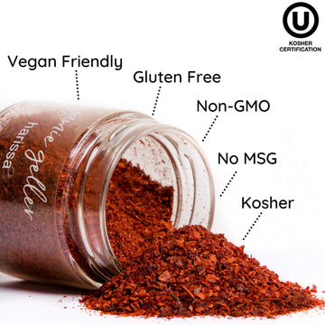 Jamie Geller Harissa Spice Seasoning, Mild Spicy Mix, 3.2 oz Glass Jar, OU Kosher, Perfect for Meat Rubs and Soups