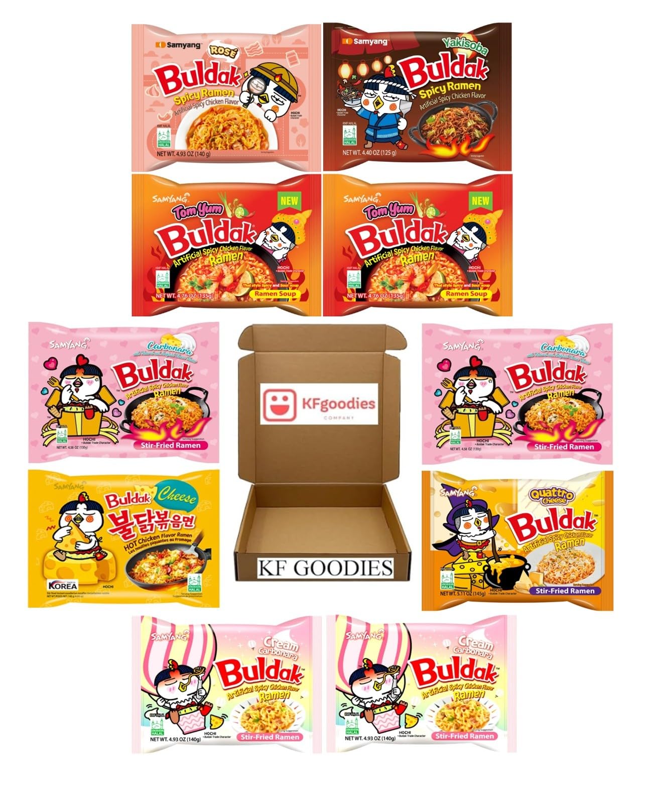 Samyang Buldak Hot Spicy Chicken Ramen Noodle Korean Stir-Fried Ramen (10, 2X Spicy, 2 Carbonara, 2 Cream Carbonara, Quattro Che
