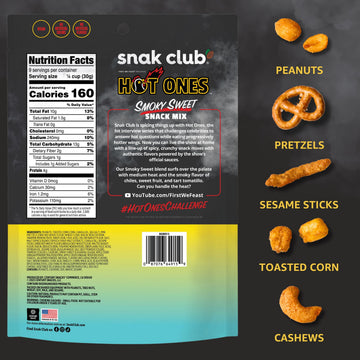 Snak Club x Hot Ones Smoky Sweet Snack Mix, Spicy Snack with Peanuts, Pretzels, Sesame Sticks, Toasted Corn & Cashews, Inspired