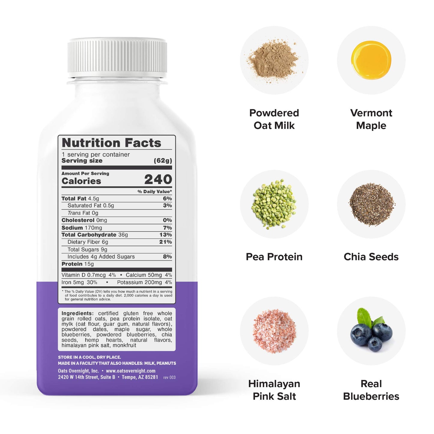 Oats Overnight Blueberry Muffin Bottled Shake - Gluten Free, Non-GMO, Vegan Friendly Breakfast Meal Replacement Shake with Powde