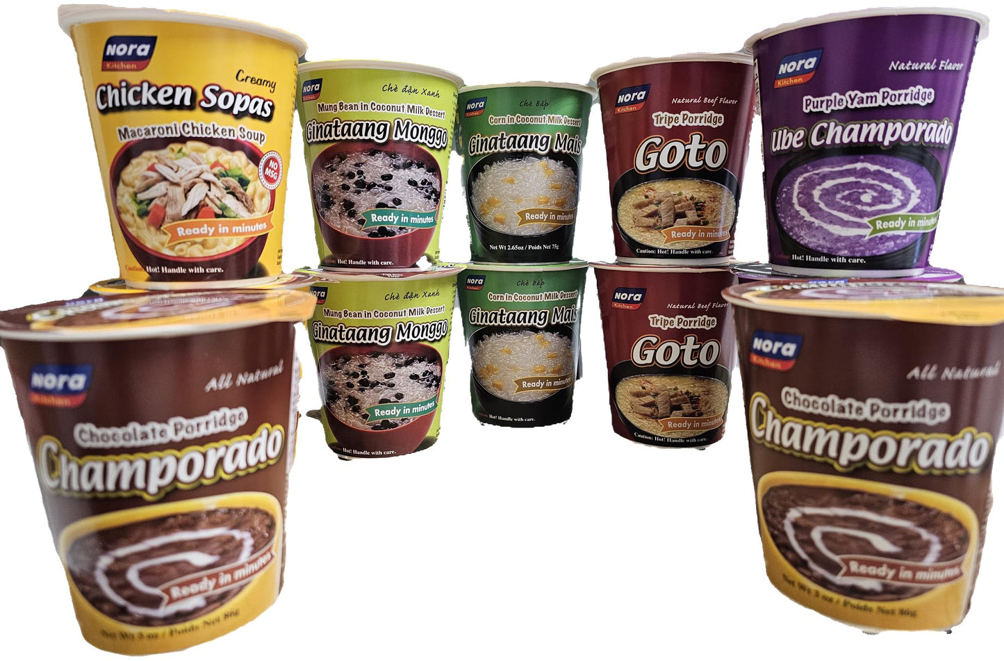 Generic Nora Pack Of 12 Chocolate Champorado 2 Chicken Sopas 2 Flavor Blendataang Monggo 2 Flavor Blendataang Mais 2 Beef Goto 2 Ube Champorado Net Wt 2.6Oz Each