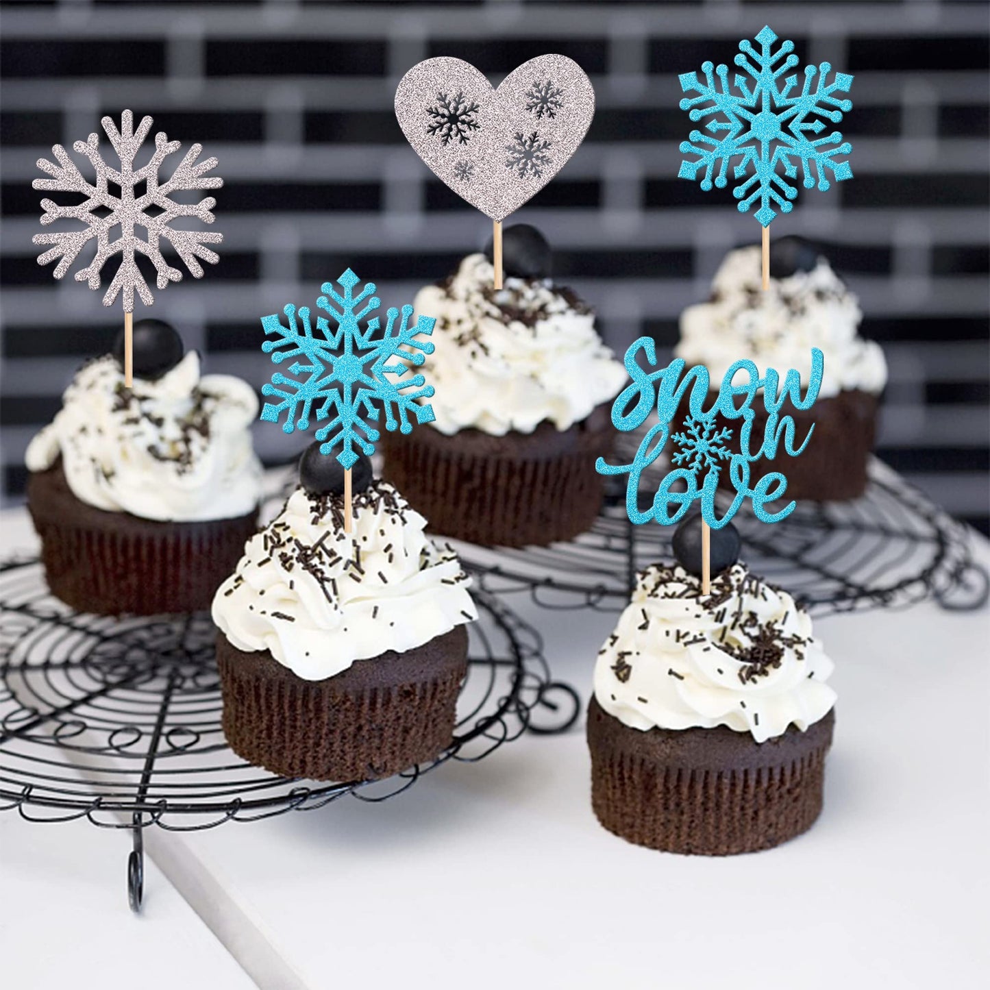 24 PCS Winter Snowflake Cupcake Toppers Glitter Snow in Love Heart Snowflake Cupcake Picks for Winter Frozen Theme Baby Shower W