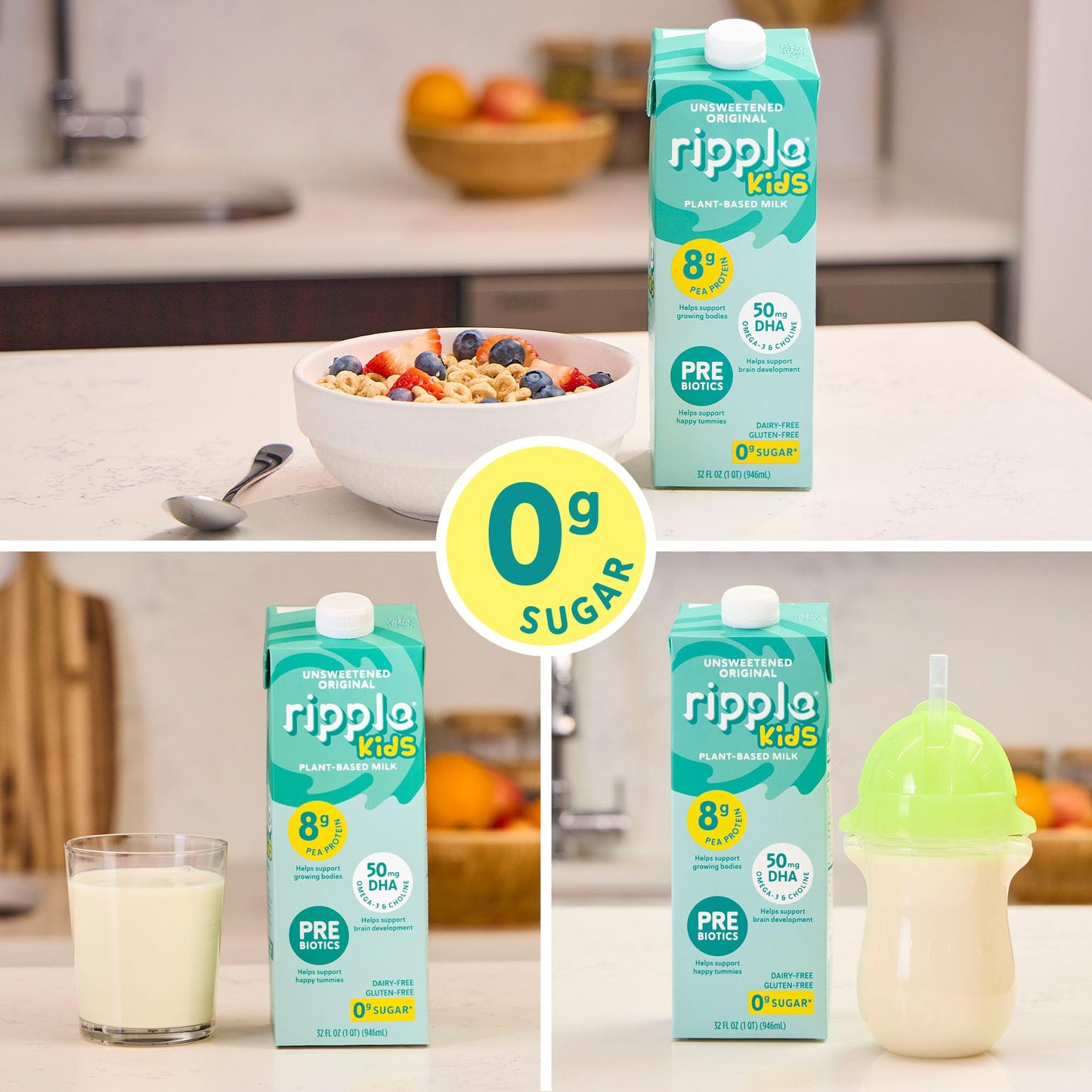 Ripple 32 oz Plant Based Milk 8g of Quality Sourced Pea Protein Calcium Rich | Shelf Stable | Vegan & Non GMO Certified | Dairy Soy Nut Gluten & Lactose Free (Pack of 6) (32 Fl Oz (Pack of 6) Kids Unsweetened)