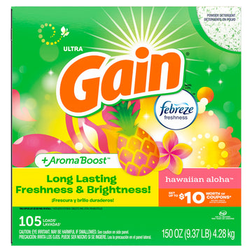 Gain Powder Laundry Detergent For Regular And He Washers, Hawaiian Aloha Scent, 150 Ounces, 105 Loads