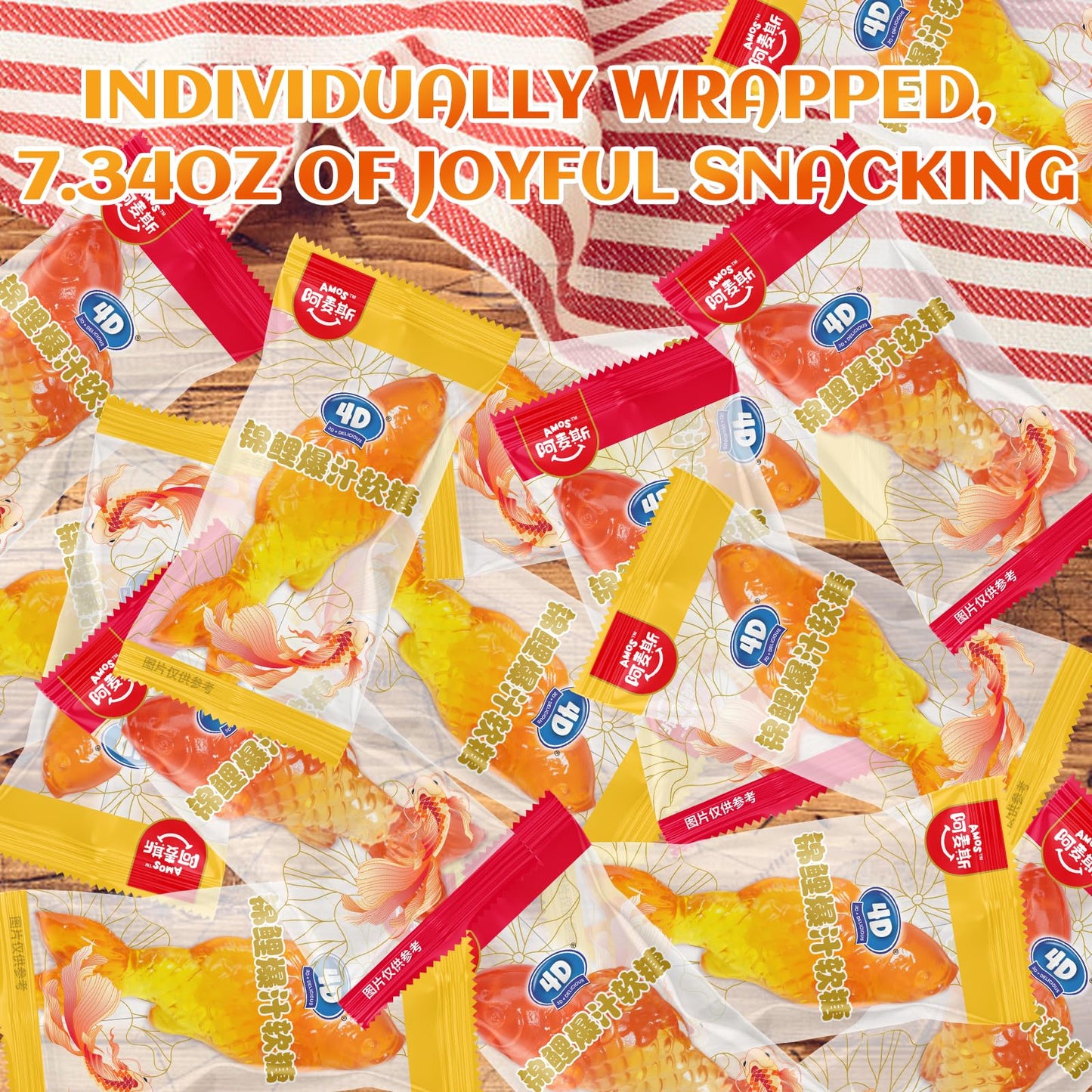 Amos 4D Gummy Lucky Koi Candy, 3D Koi-Shaped Gummies With Raspberry & Kumquat Juice, 208G Bag, Gluten-Free, Random Packaging