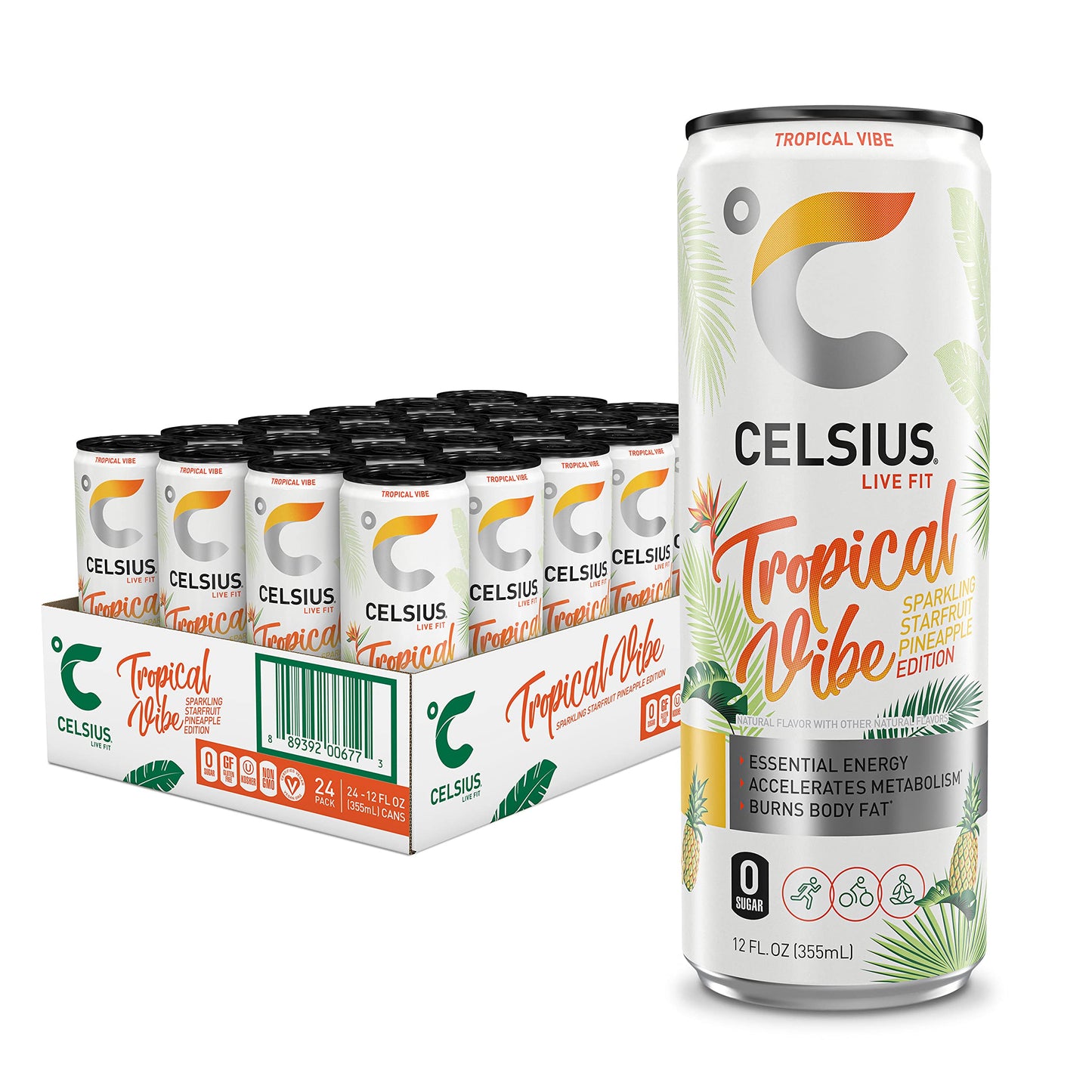 CELSIUS Sparkling Tropical Vibe, Functional Essential Energy Drink, 12 Fl Oz (Pack of 24)