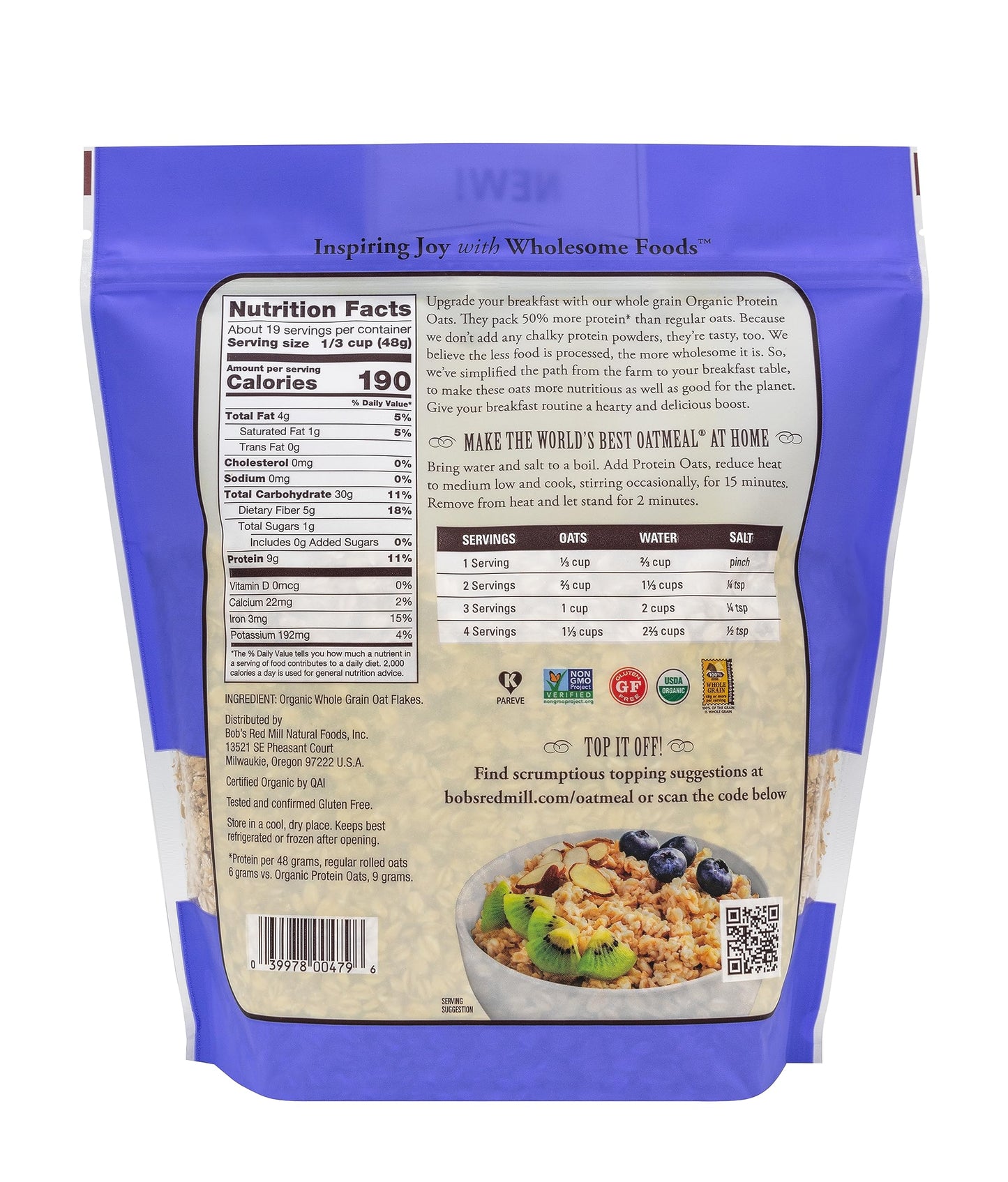 Bob'S Red Mill Organic Gluten Free Protein Oats, 32Oz (Pack Of 4) - 9G/Serving, Non Gmo, Whole Grain, Plant Based Protein, Vegan, Kosher