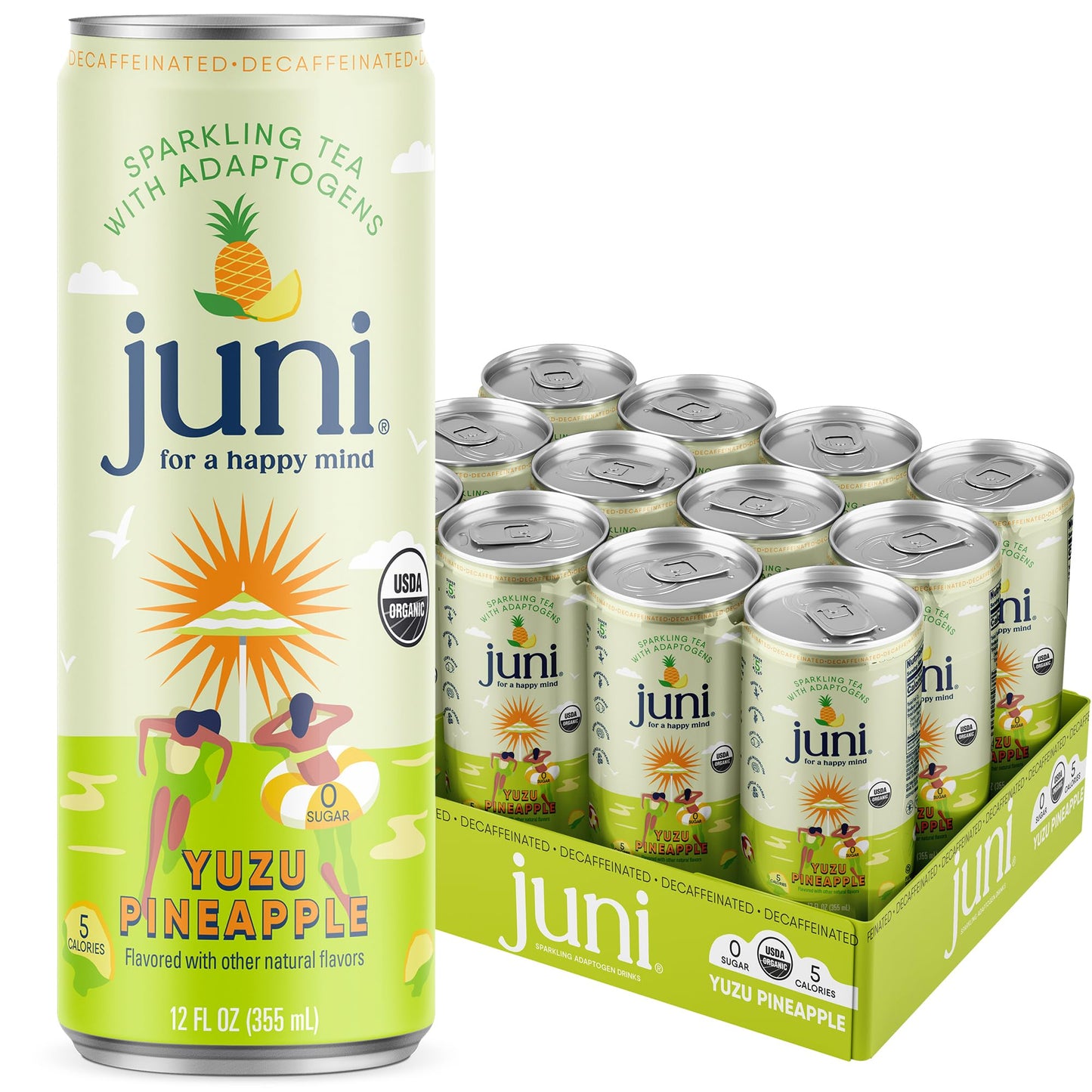 JUNI Sparkling Adaptogen Drink, Yuzu Pineapple, 12 Fl Oz (Pack of 12), Zero Sugar, Decaffeinated, Non-Alcoholic