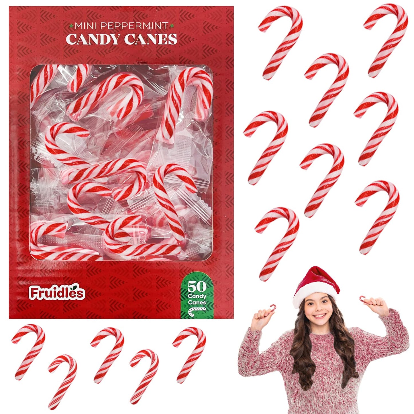 Fruidles Christmas Candy Canes Mini'S Suckers, Peppermint Flavor, Individually Wrapped, 2'' Inch, Net Wt 4.42Oz (125G) (50-Pack)