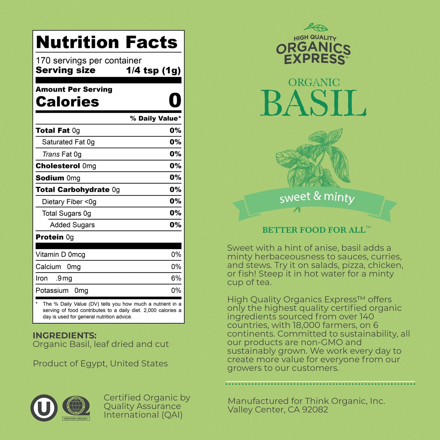HQOExpress Organic Basil Medium Cut - Non GMO, Kosher, USDA Certified Organic Basil Leaves, Dried and Ground - Peppery and Aroma
