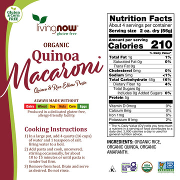 NOW Foods, Organic Quinoa Macaroni, Gluten-Free, Corn-Free, Non-GMO Elbow Pasta, 8-Ounce
