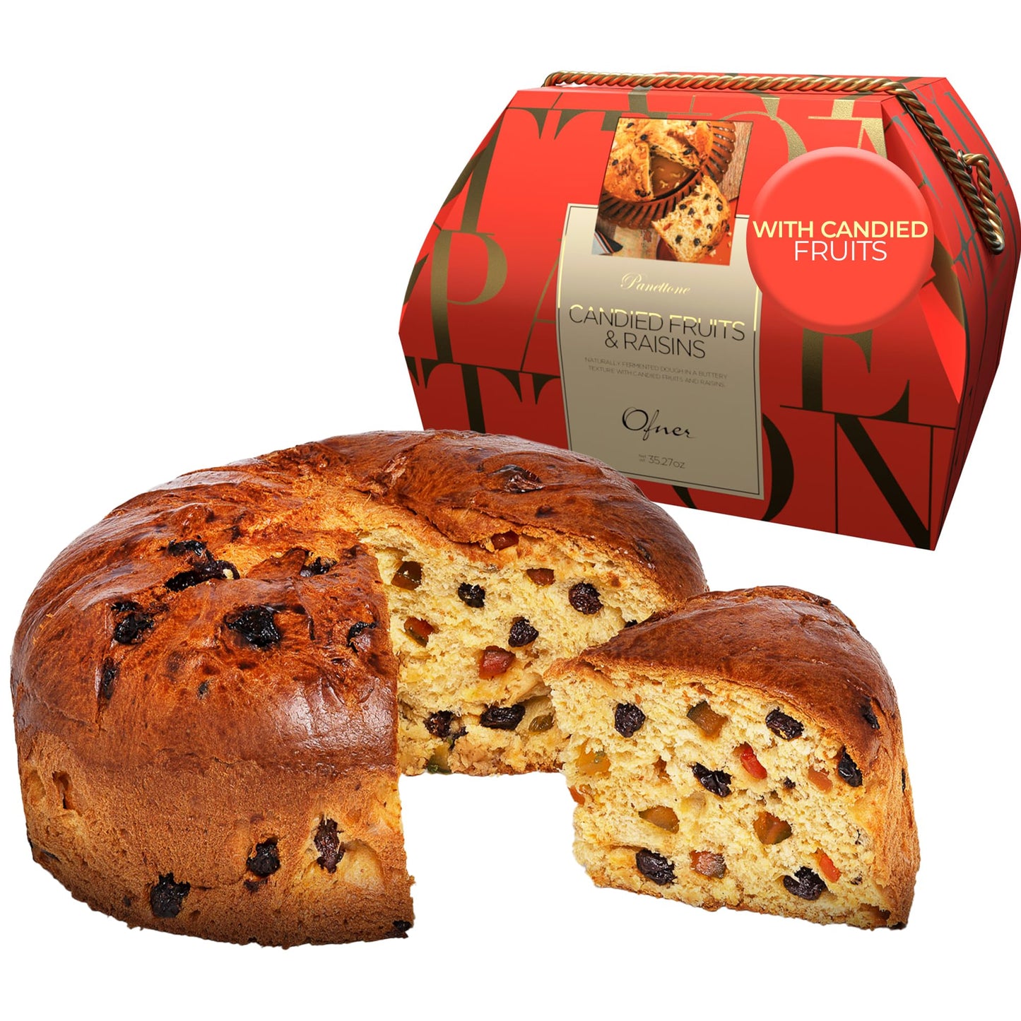 Classic Genovese Panettone with Candied Fruits and Raisins 35.3 oz - Naturally Fermented Buttery Dough - Traditional Holiday Cake - Ofner