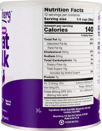 Meyenberg Whole Powdered Goat Milk, Vitamin D, 12 Ounce