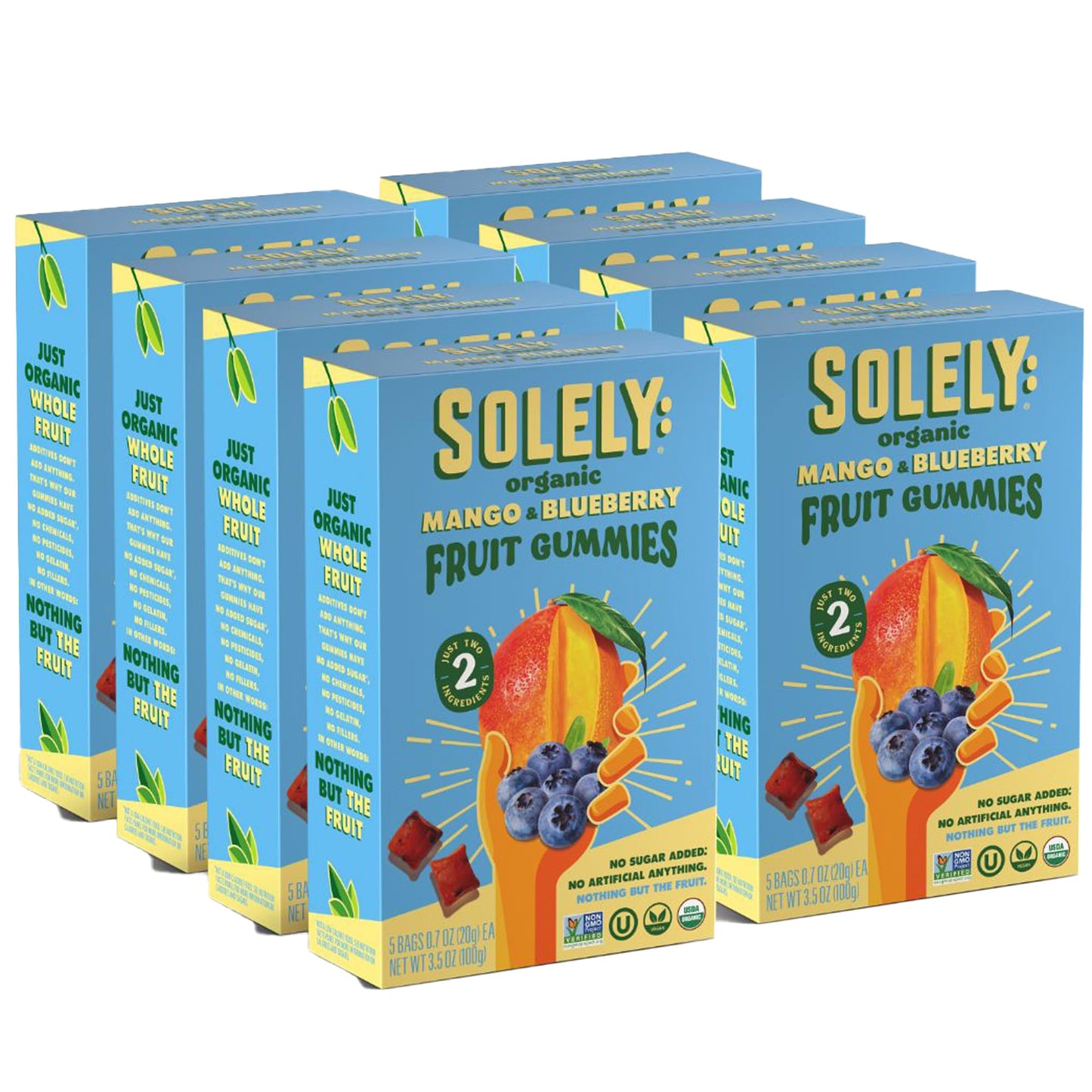 SOLELY - Organic Mango & Blueberry Whole Fruit Gummies (Pack of 8 Boxes, 5 Bags per Box) - Real Fresh Fruit - Healthy Snacks for