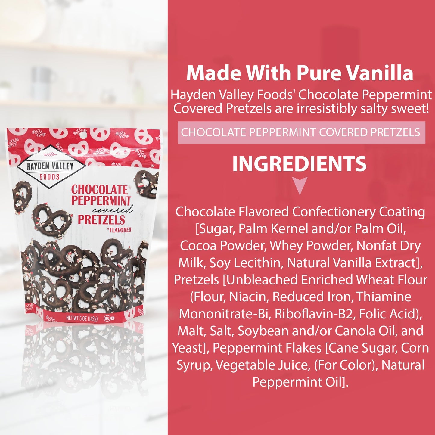 Hayden Valley Foods Peppermint Chocolate Covered Pretzels, 5 oz Resealable Bag, Gourmet Flavored Snack