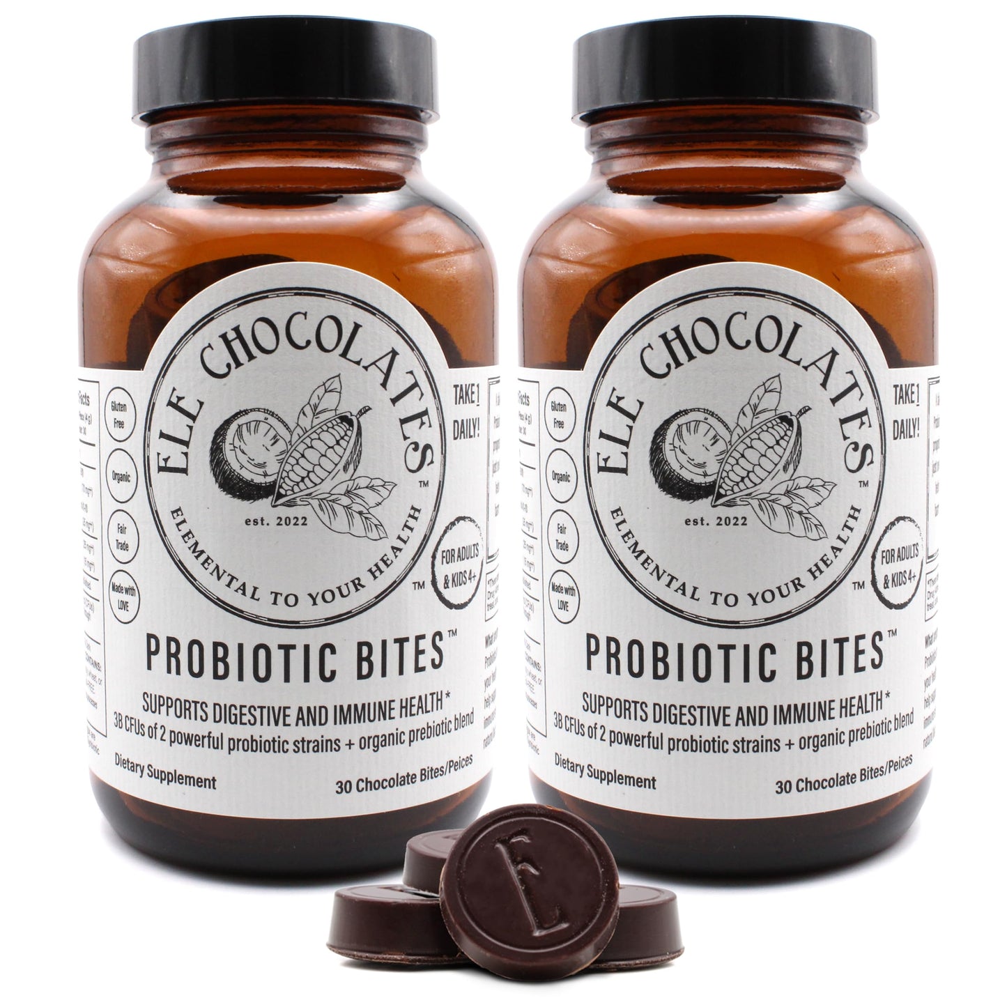 Ele Chocolates Dark Chocolate Daily Probiotic Dietary Support Bites 3 Billion Cfus For Digestive Gut Health Immune Support For Women Men And Kids 100% Natural And Organic Gluten-Free 2-Pack