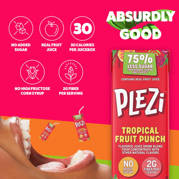 Plezi Fruit Juice Boxes For Kids, Tropical Fruit Punch - Low Sugar Drinks With Dietary Fiber, Healthy Vitamin C, And Potassium E