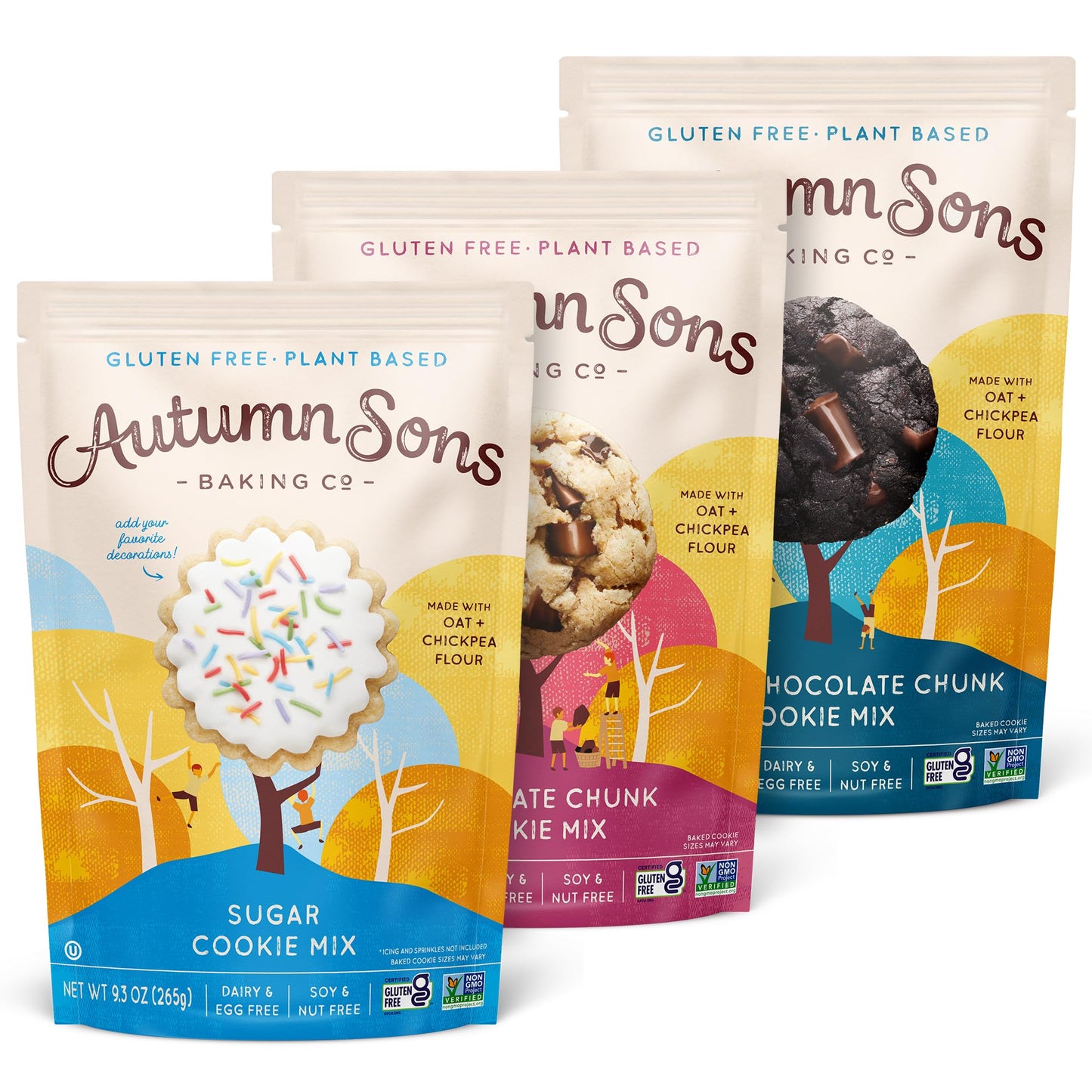 Autumn Sons Baking Co. Gluten Free Cookie Mix Variety Pack. Sugar Cookie Chocolate Chunk & Double Chocolate Chunk. Vegan Plant Based Baking Mix. Top 9 Allergen Free. 9.3 Oz (Pack Of 3)