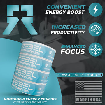 Rebel dietary products Nootropic Energy Caffeine Pouches, 100mg Caffeine, Sugar-Free, Pack of 1, Wintergreen Flavor
