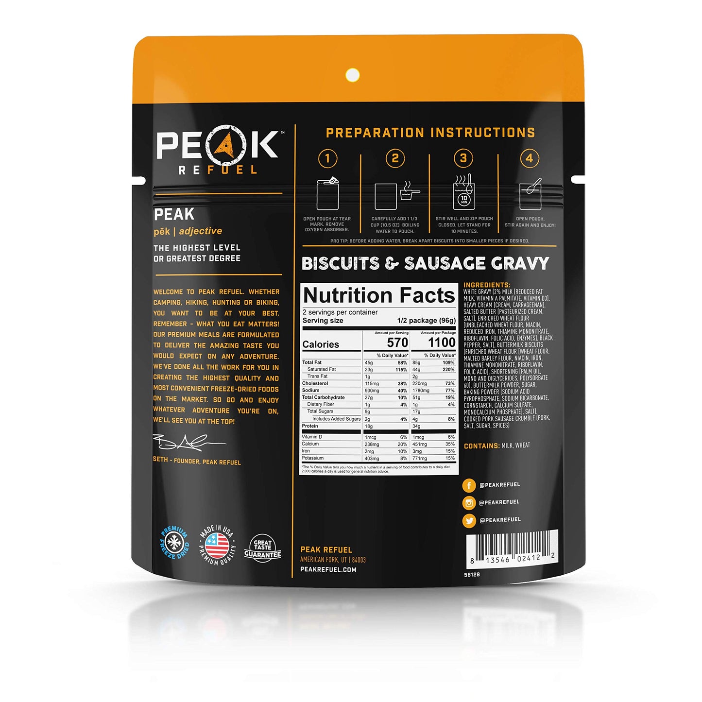 Peak Refuel Biscuits & Sausage Gravy | Freeze Dried Backpacking, Camping & Emergency Prep Food | 2 Servings Pouches