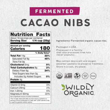 Wildly Organic Fermented Cacao Nibs 16 Oz, 1 Lb Bag - Organic, Non-Alkalized, Minimally Processed, Raw, Non-Gmo, Kosher, Vegan,