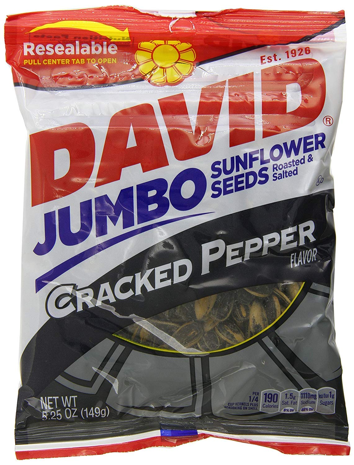 DAVID Seeds Cracked Pepper Flavored Salted and Roasted Jumbo Sunflower Seeds, Keto Friendly Snack, 5.25 OZ Bags, 12 Pack