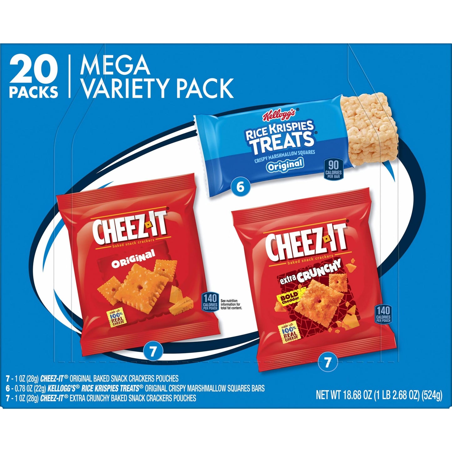 Kelloggs Cheez-It & Rice Krispies Treats, Lunch Snacks, Mega Variety Pack, 18.68oz Box (20 Count)