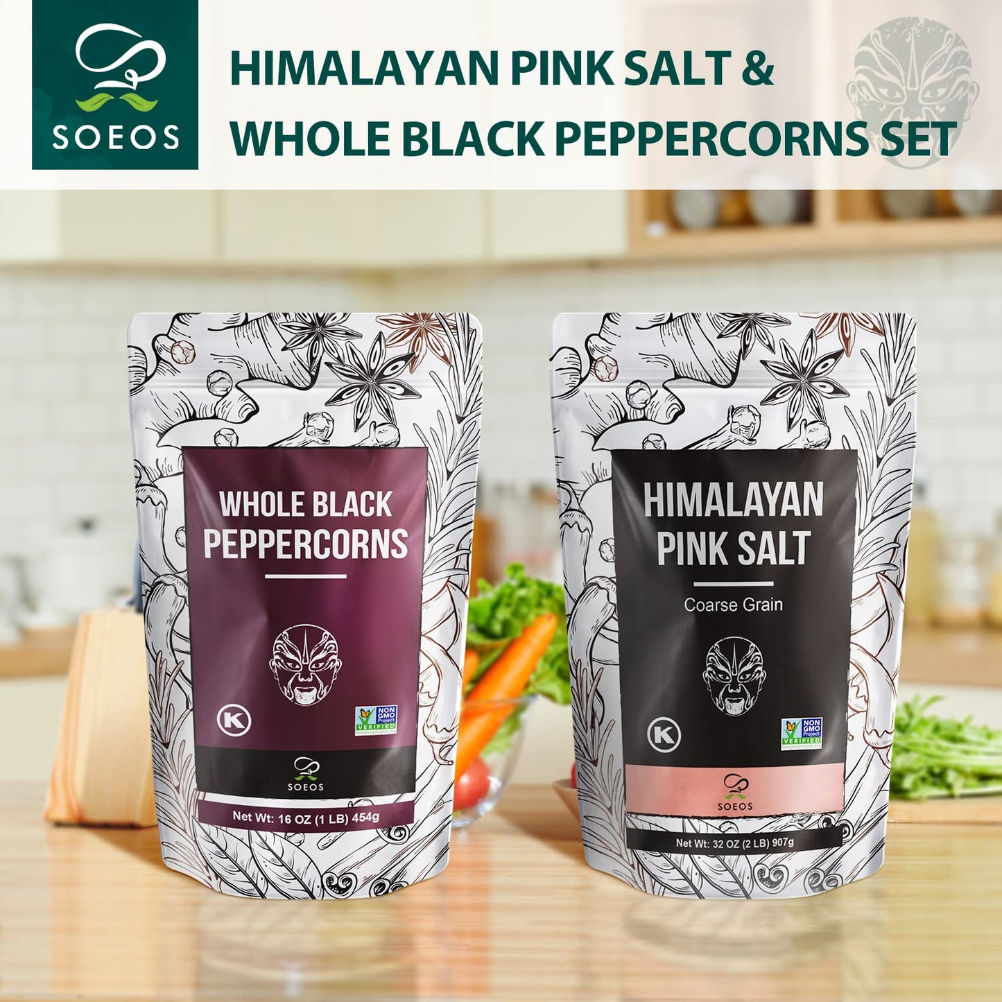 Soeos Whole Black Peppercorns 16Oz + Himalayan Pink Salt 2Lb, Salt And Pepper For Grinders, Black Peppercorn Refil, Pink Himalayan Sea Salt, 2 Piece Set