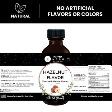 Natural Hazelnut Extract - 2 Oz - Water-Soluble - By Harvest Moon Delights - Hazelnut Extract For Baking, Ice Cream, Drinks, And