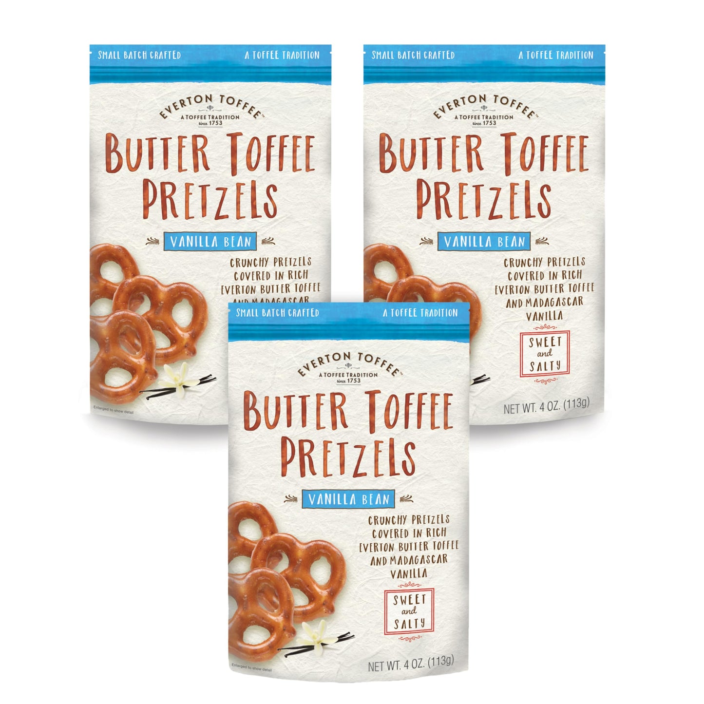 Everton Toffee Vanilla Bean Flavor Butter Toffee Pretzels, 3 Bags (4 oz Each), Sweet & Salty Gourmet Pretzel Snack, Small Batch