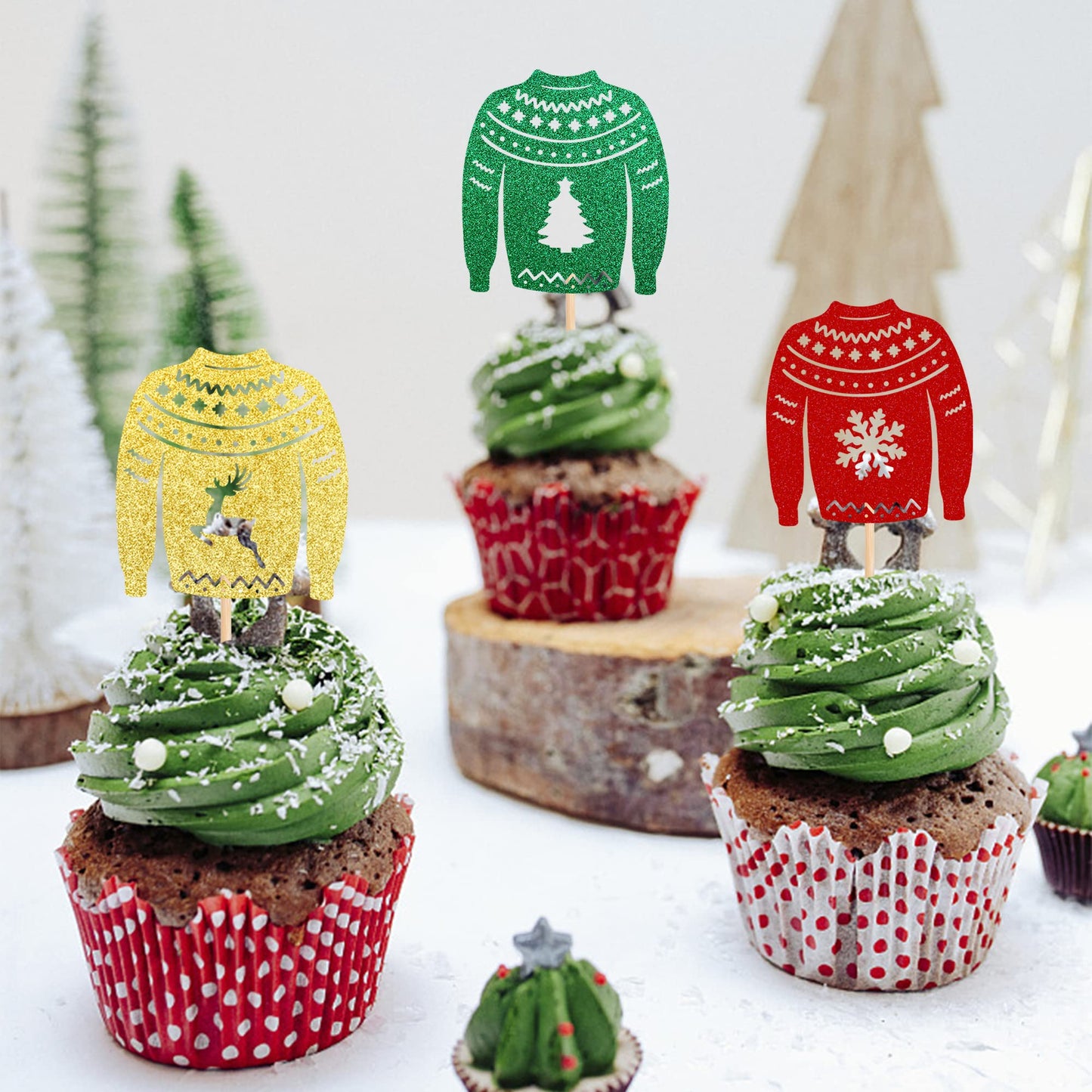 24 Pcs Ugly Sweater Cupcake Toppers Gold Green Red Glitter Christmas Tree Deer Snowflake Cupcake Picks Winter Merry Christmas Th