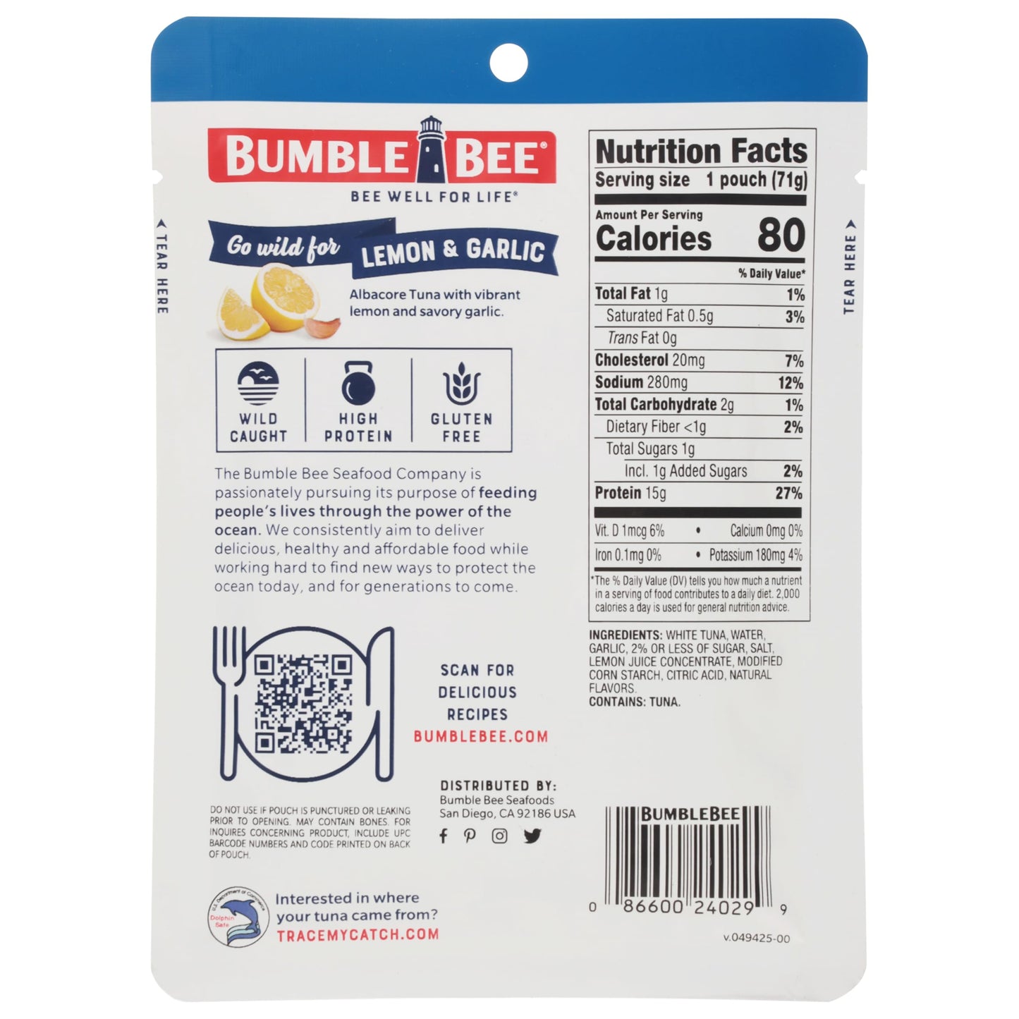 Bumble Bee Albacore Tuna in Water, Lemon & Garlic, 2.5 oz Pouch, Pack of 12, Non-GMO, Gluten Free, High in Omega-3s