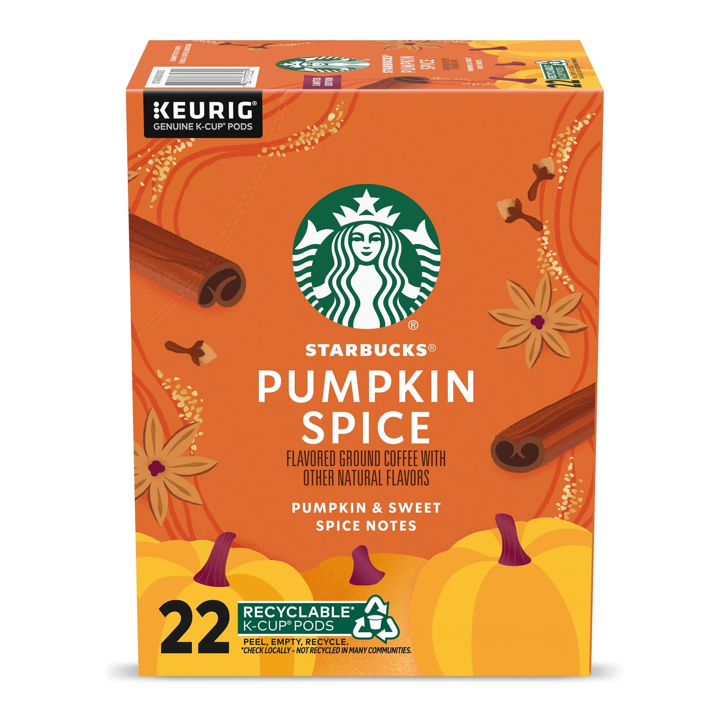 Starbucks K-Cup Coffee Pods Pumpkin Spice Flavored For Keurig Coffee Makers 100% Arabica Special Release 1 Box (22 Pods)