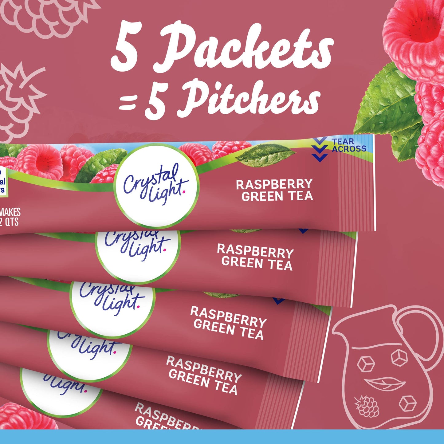 Crystal Light Sugar-Free Raspberry Green Tea Naturally Flavored Powdered Drink Mix 60 Count Pitcher Packets 5 Count (Pack of 12)