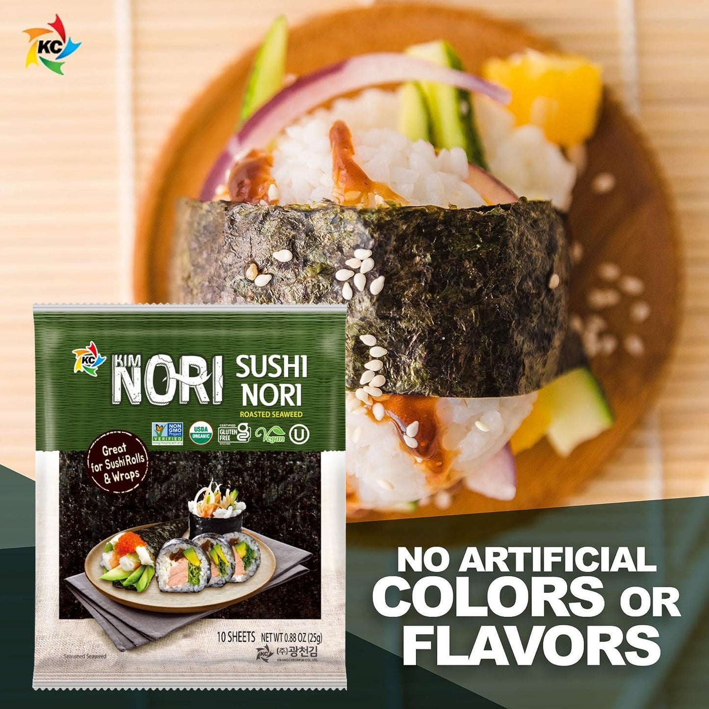 KIMNORI Sushi Nori Sea Sheets - 10 Full Size USDA Organic Yaki Roasted Rolls Wraps Snack 100% Natural Laver Gluten Free No MSG Non GMO Vegan Kosher 25 Gram 0.88 Ounce ? ?? ?? ??