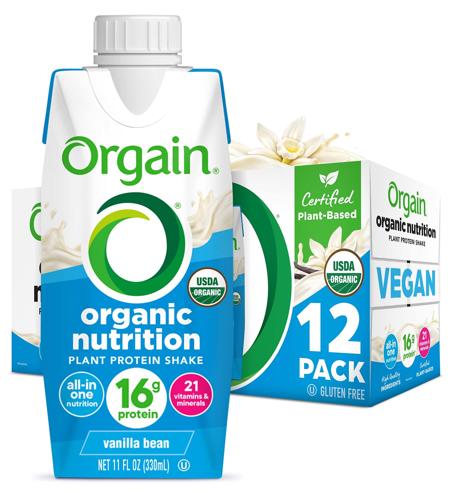 Orgain Organic Nutritional Vegan Protein Shake, 16g Protein, Gluten Free, Non-GMO, 11 Fl Oz, Vanilla Bean, Pack of 12