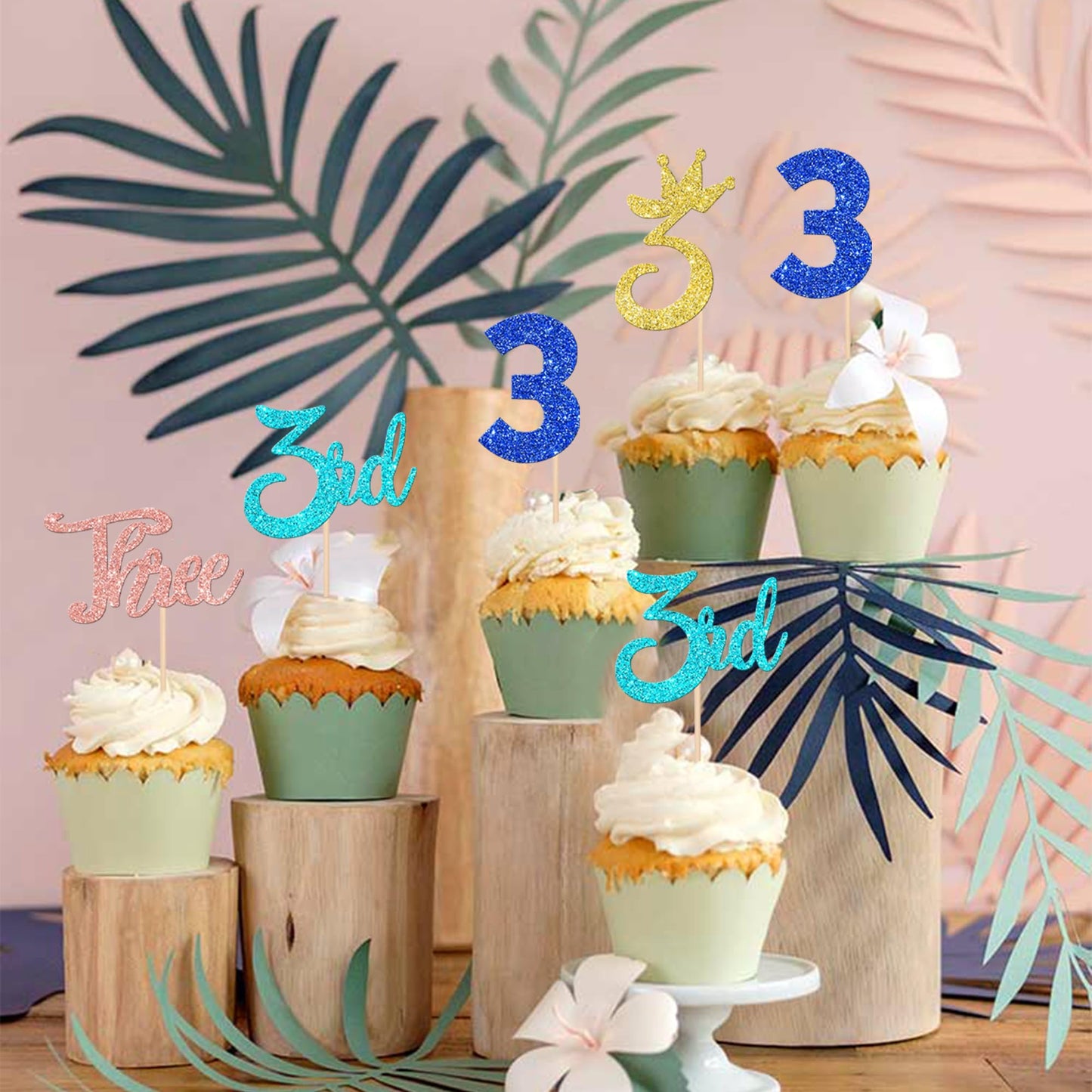 24 Pcs 3Rd Birthday Cupcake Toppers Glitter Crown Three Cupcake Picks Number 3 Third Birthday Cupcake Decorations For Baby Showe