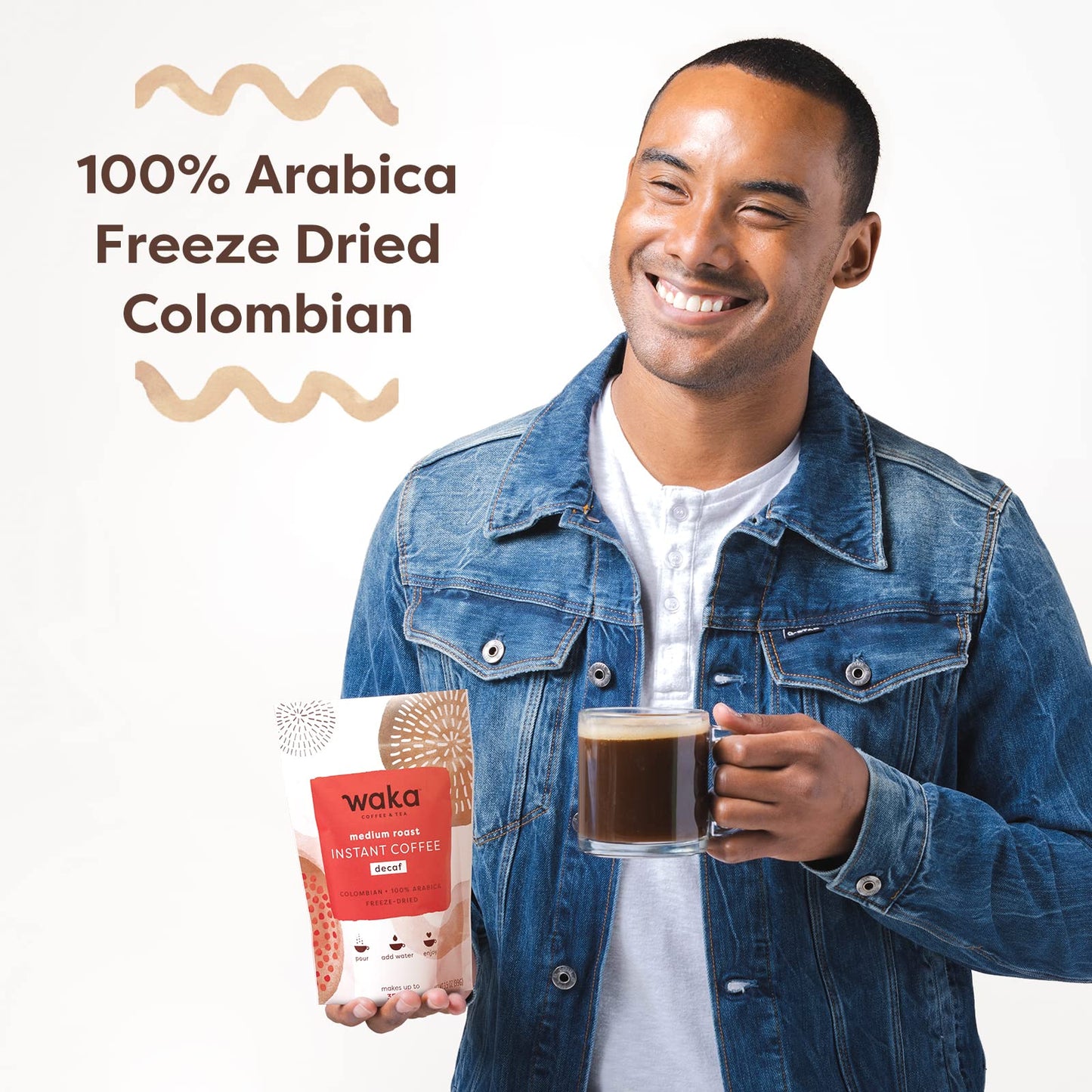 Waka Coffee Instant Coffee - Decaffeinated Medium Roast - Arabica Beans - 35 Count Bag for Hot or Iced Coffee