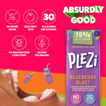 PLEZi Fruit Juice Boxes For Kids, Blueberry Blast - Low Sugar Drinks with Dietary Fiber, Healthy Vitamin C, and Potassium Electr
