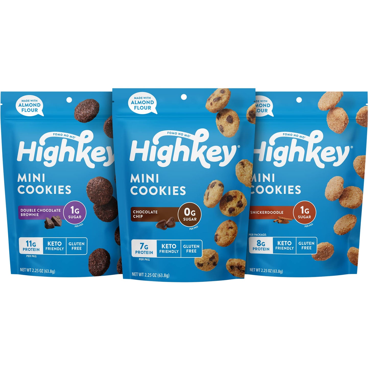 HighKey Sugar Free Cookies Variety Pack - 6.75oz Keto Snacks Zero Carb No Sugar 3-Pack Chocolate Chip Cookie, Snickerdoodle, Bro