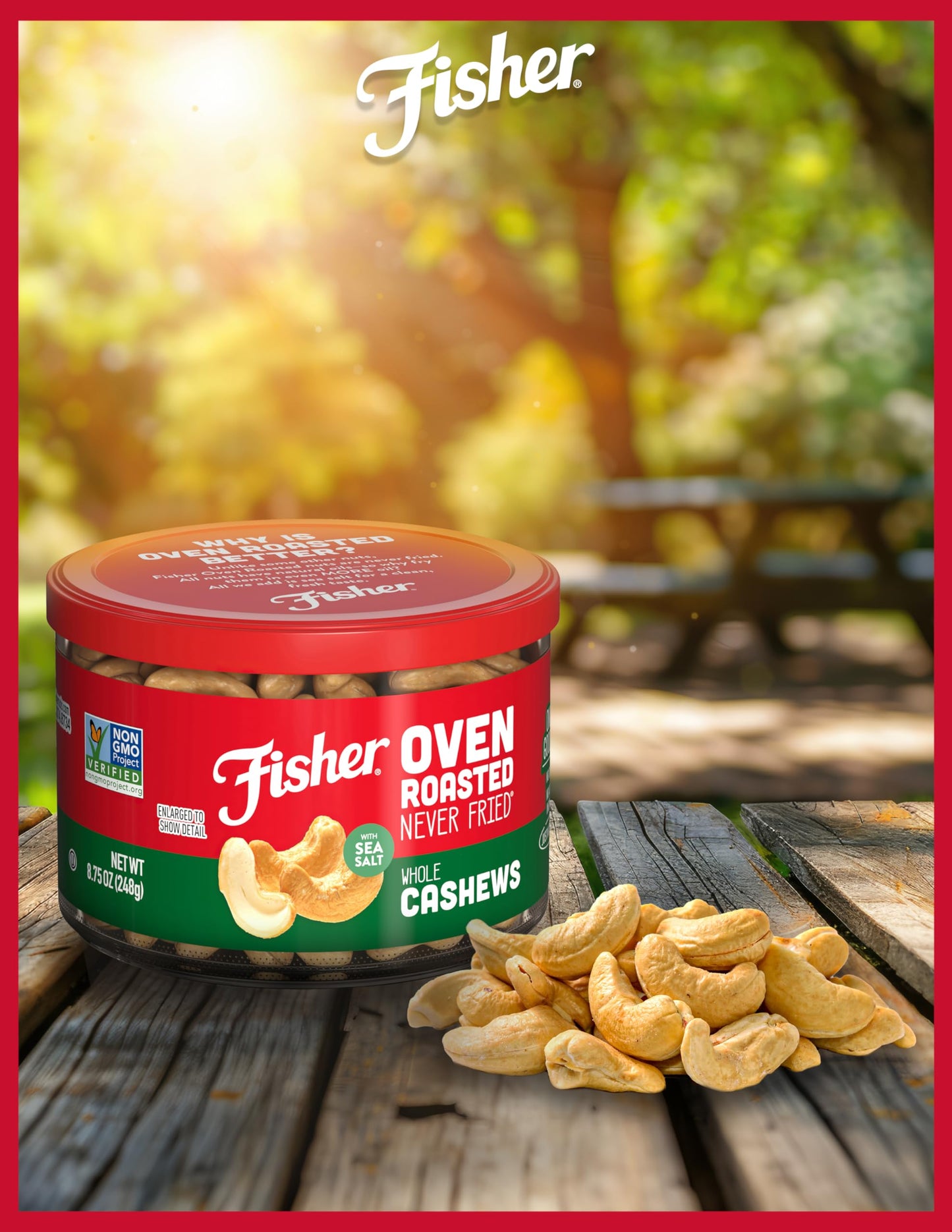 Fisher Snack Oven Roasted Never Fried, Sea Salt Whole Cashews, 8.75 Ounce